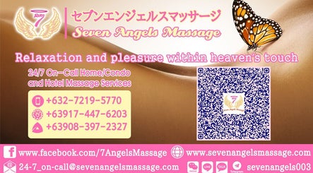 Seven Angels Massage promo with butterfly and contact info in Makati City, Metro Manila, PH.