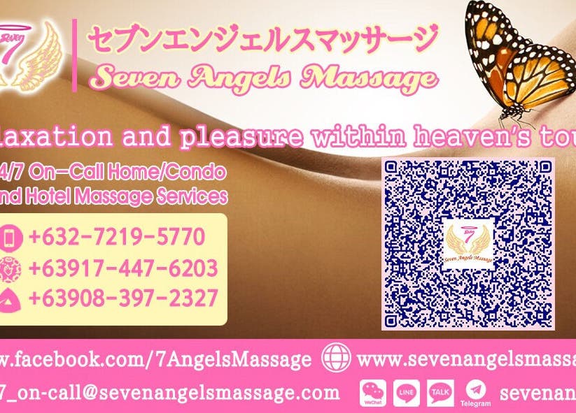 Seven Angels Massage contact options and QR code for spa services in Makati City, Metro Manila, PH.