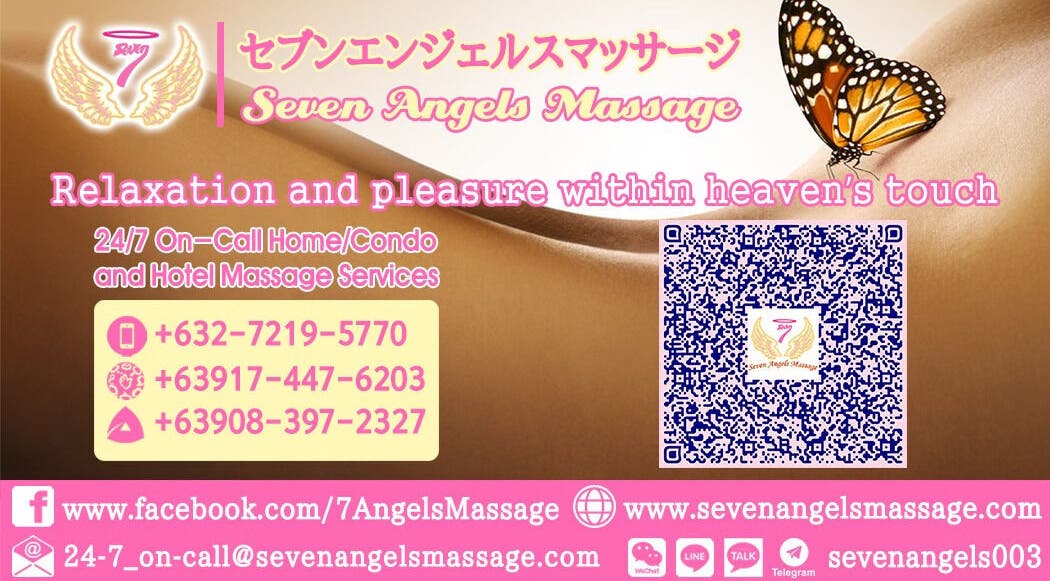 Seven Angels Massage contact options and QR code for spa services in Makati City, Metro Manila, PH.