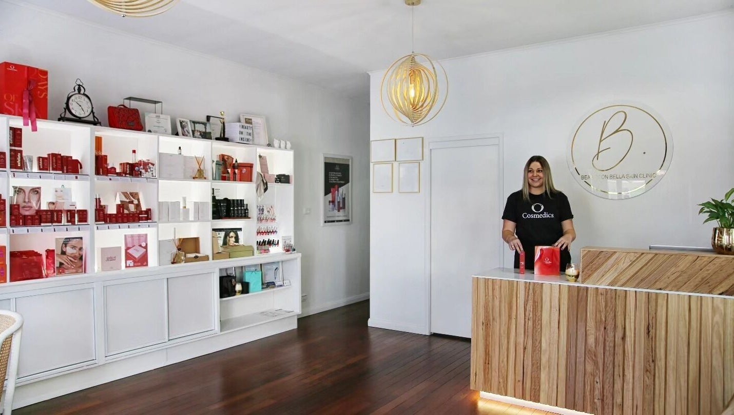 Stylish reception at Beauty on Bella Skin Clinic, WINGHAM, showcasing products in Wingham, New South Wales, AU.