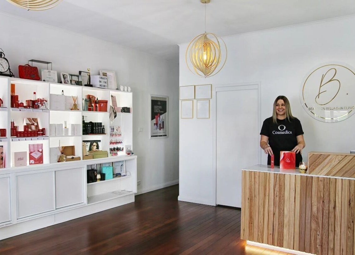 Stylish reception at Beauty on Bella Skin Clinic, WINGHAM, showcasing products in Wingham, New South Wales, AU.