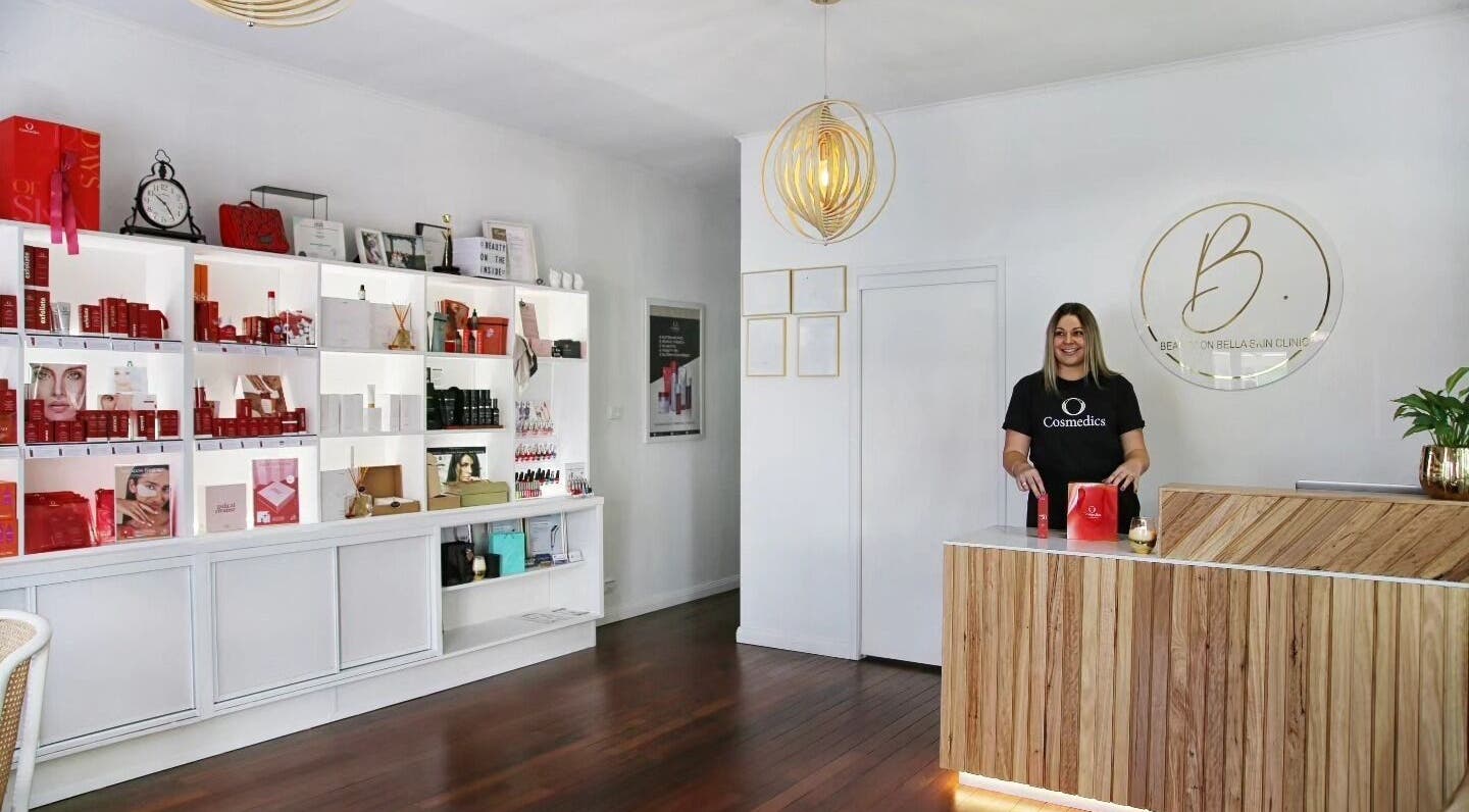Stylish reception at Beauty on Bella Skin Clinic, WINGHAM, showcasing products in Wingham, New South Wales, AU.