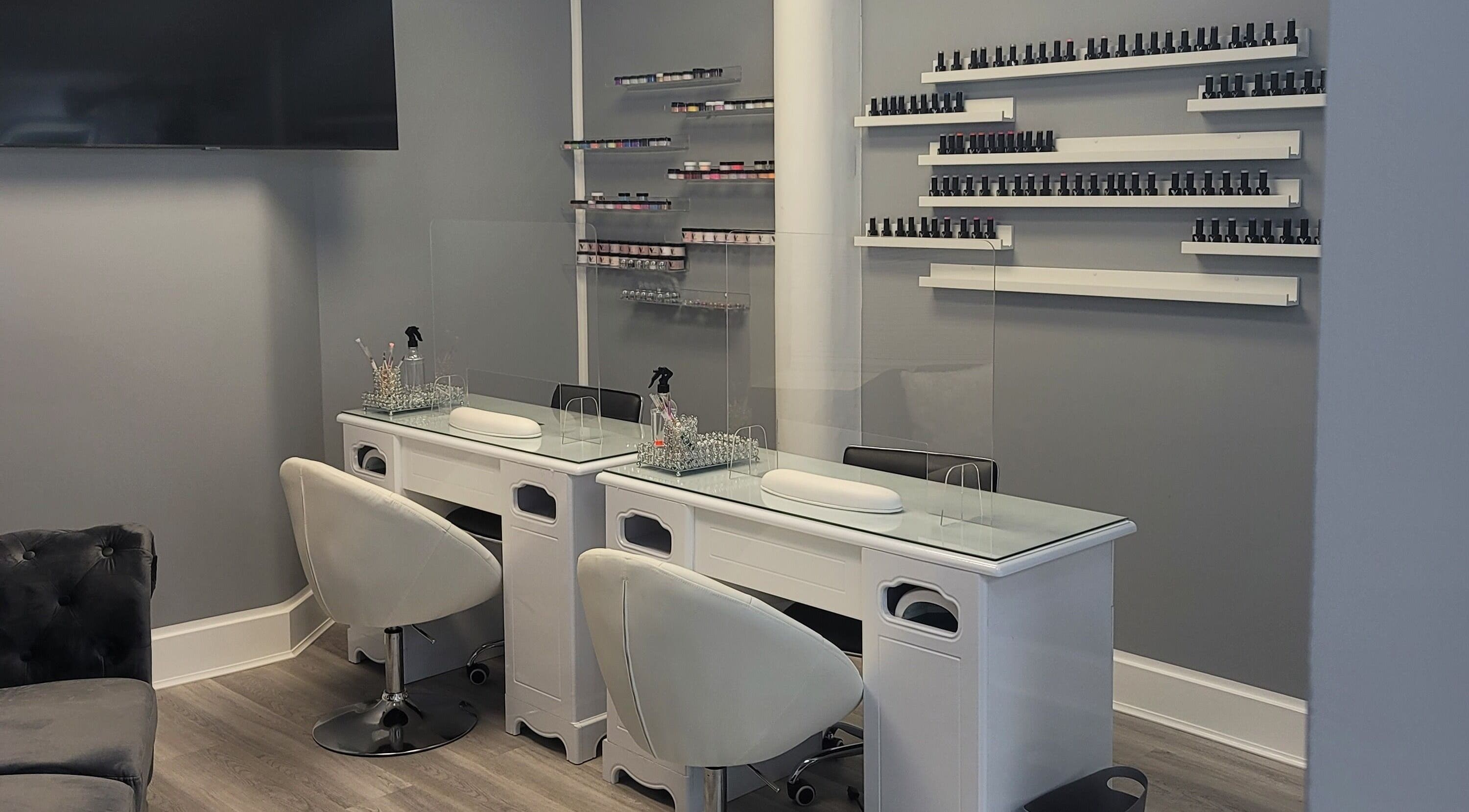 Modern nail care station at The Zone Dolls & The Zone Barbershop, Union City, New Jersey, US.