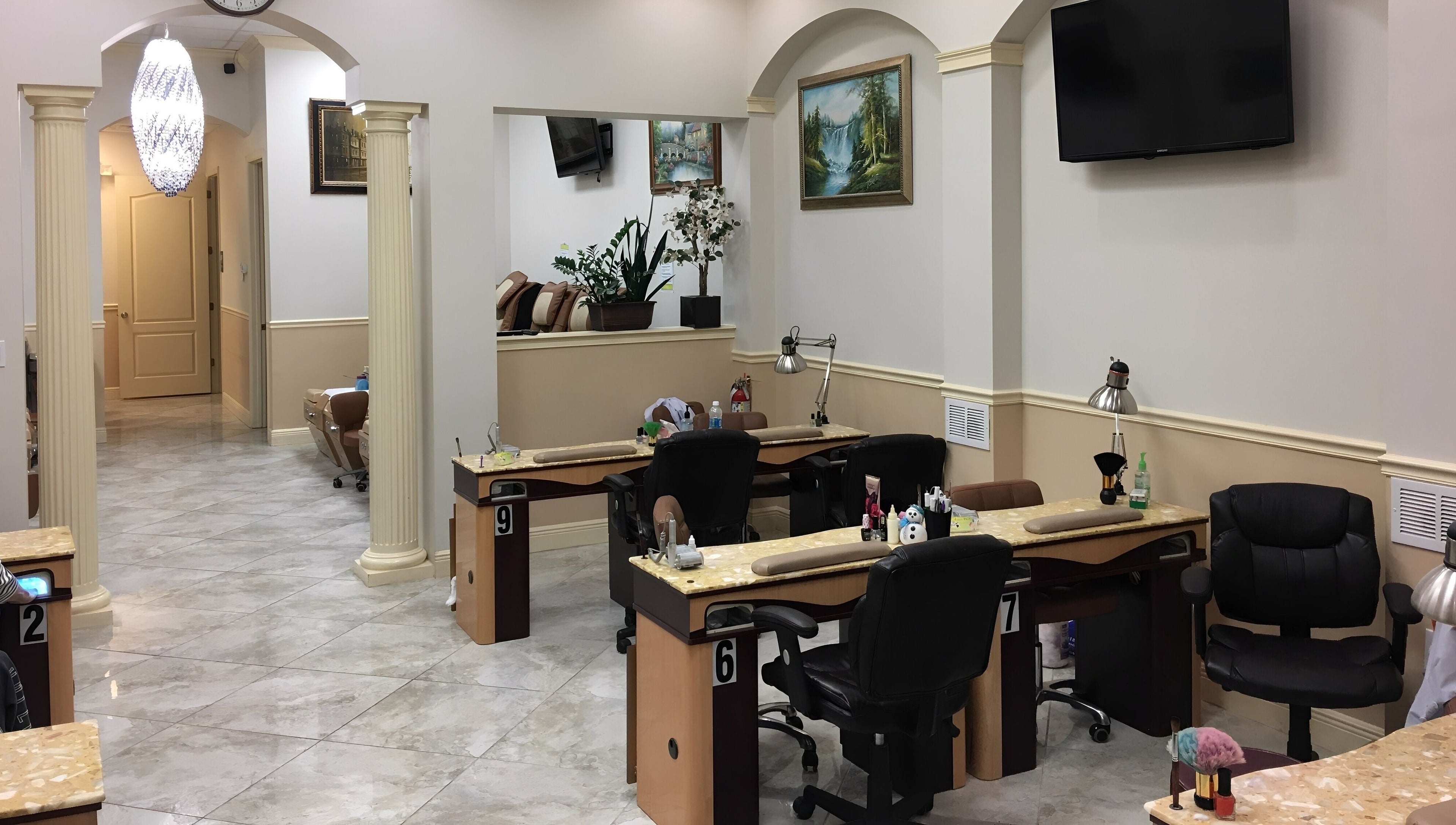 Chic nail stations at Lunar Nails, The Villages, Florida, US showcasing stylish interiors.