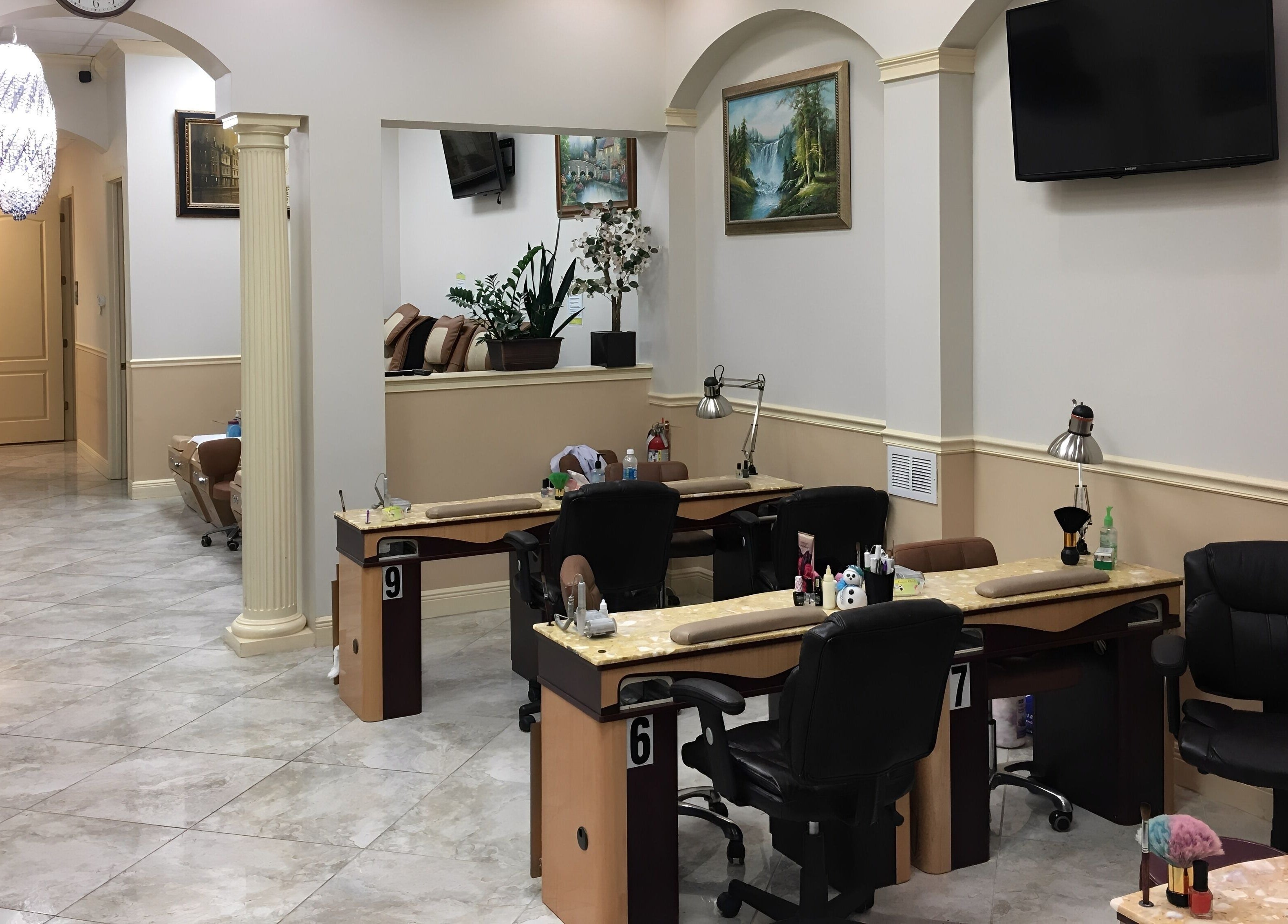 Chic nail stations at Lunar Nails, The Villages, Florida, US showcasing stylish interiors.