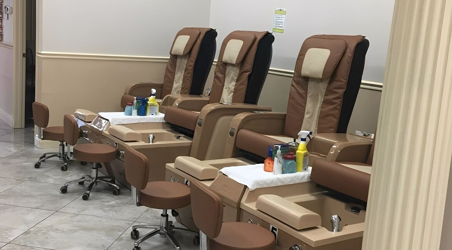 Elegant pedicure chairs at Lunar Nails, The Villages, Florida, US, offering relaxation and comfort.
