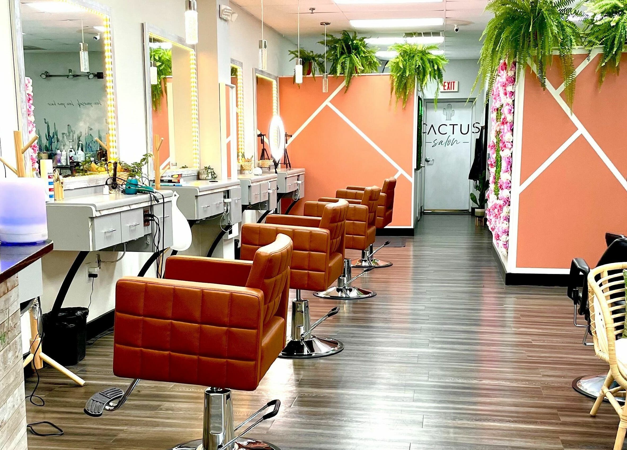 Modern interior of Cactus Salon in Addison, Texas, US with stylish chairs and lush plants.
