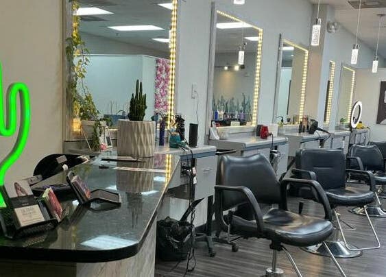 Interior of Cactus Salon in Addison, Texas featuring styling chairs and a neon cactus sign.