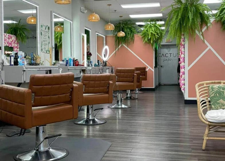 Modern interior of Cactus Salon in Addison, Texas, US with plush seating and vibrant decor.