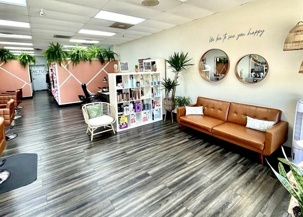 Cactus Salon in Addison, Texas, US features stylish brown chairs, chic decor, and lush greenery.