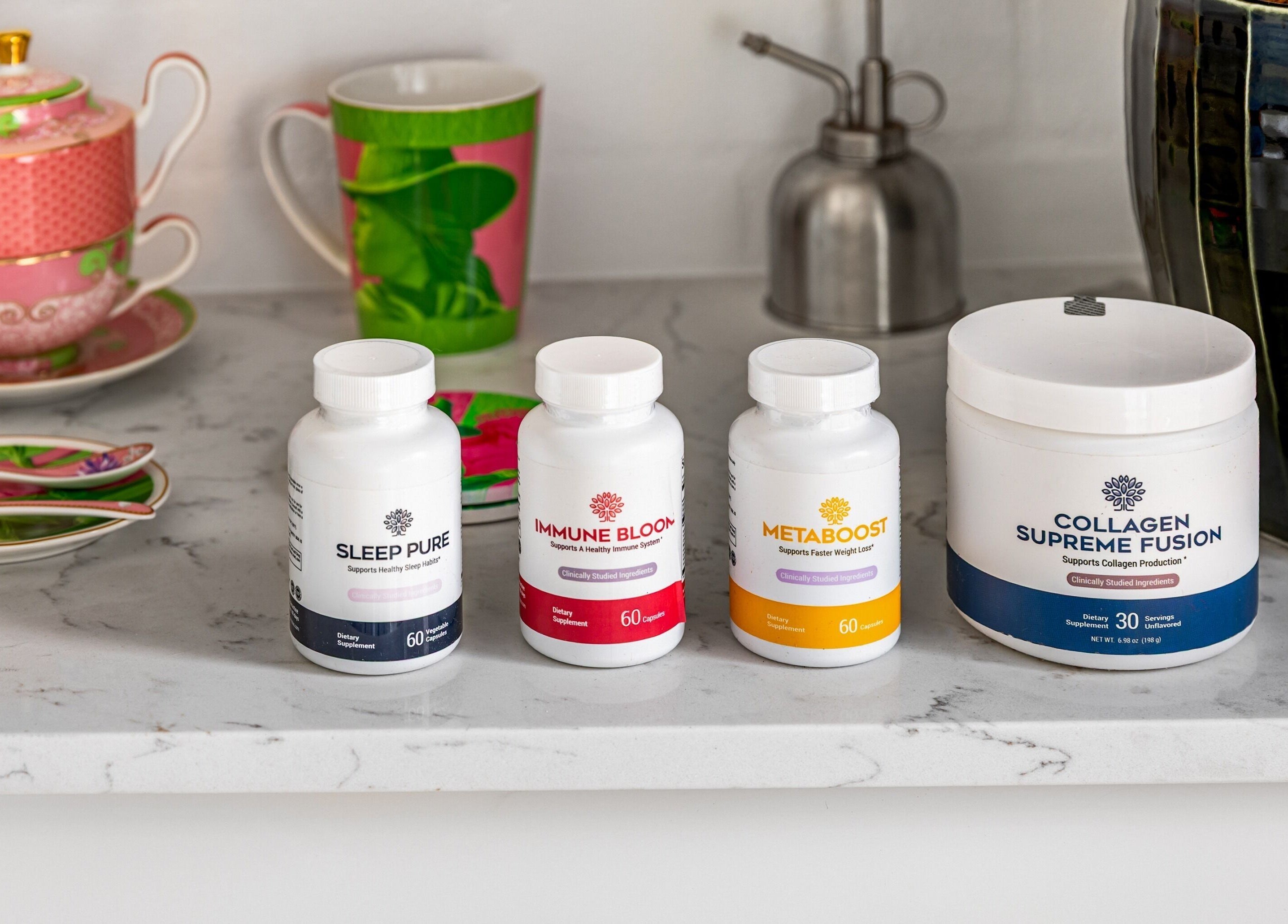 Supplements on a counter at Bare Beauty Clinic Sydney, NSW, AU, enhancing health and wellness.