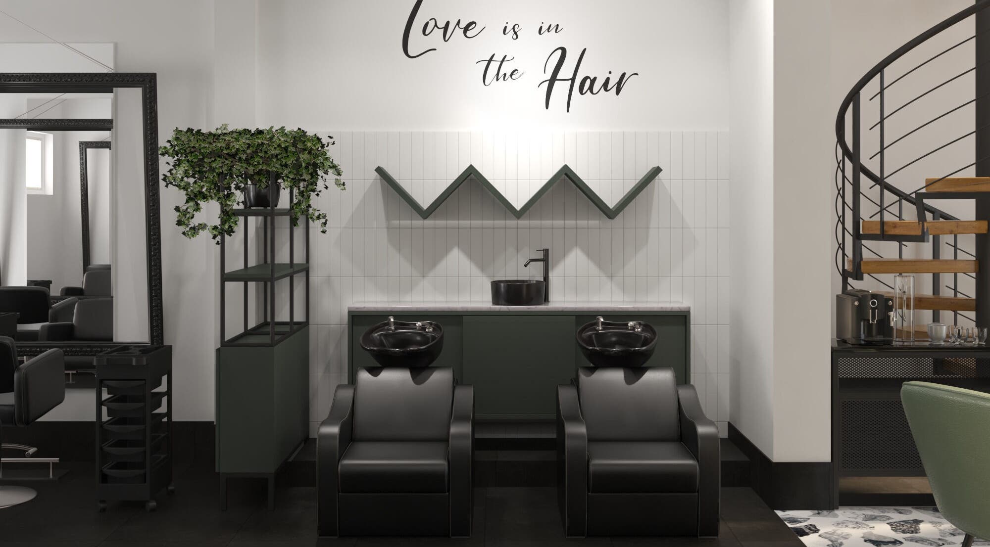 Elies Beauty Lounge, Novi Sad, Vojvodina, RS: Modern salon interior with black chairs and greenery.