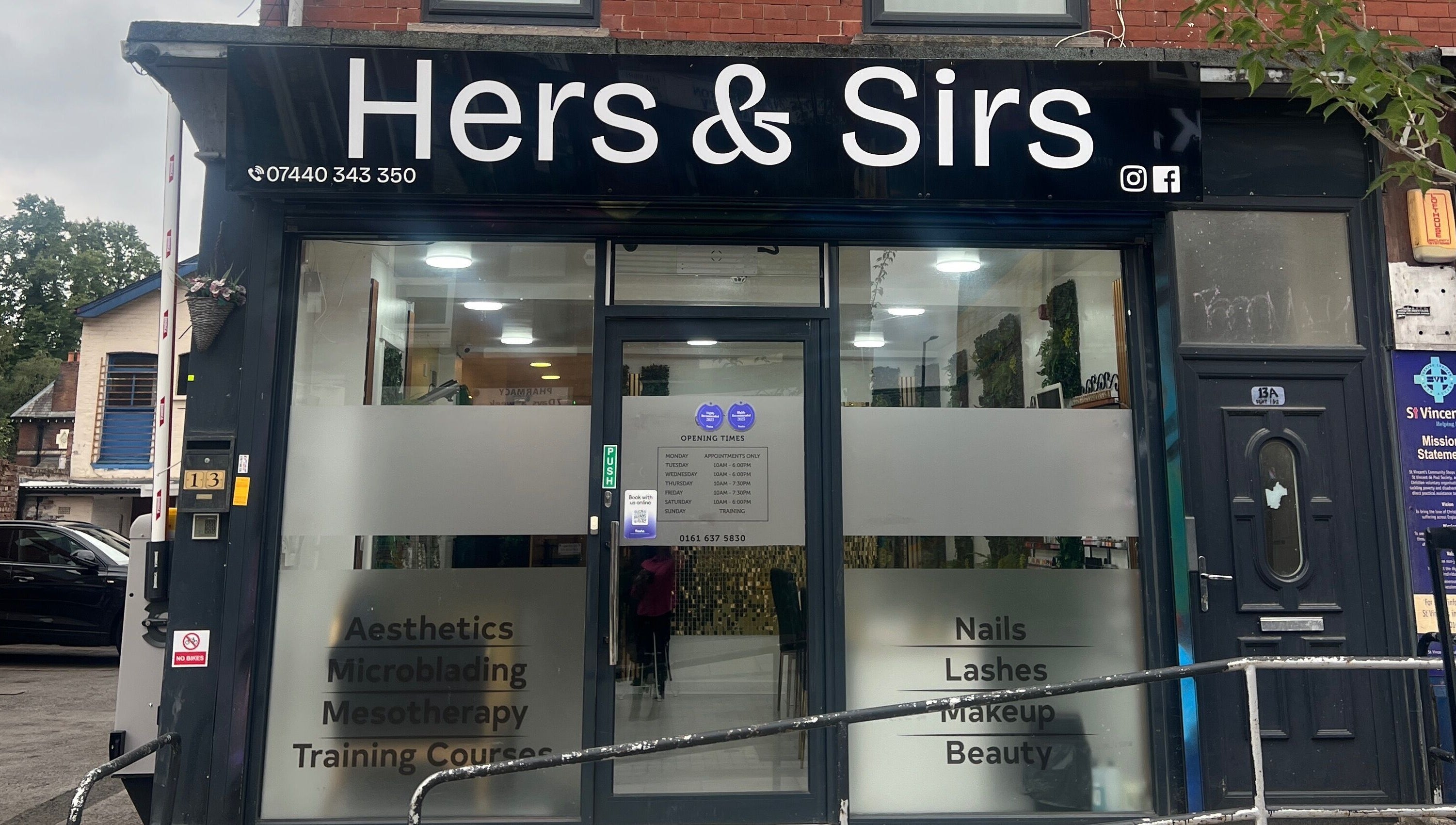 Front view of Hers & Sirs, a beauty venue in Manchester, England, GB, showcasing services like microblading.