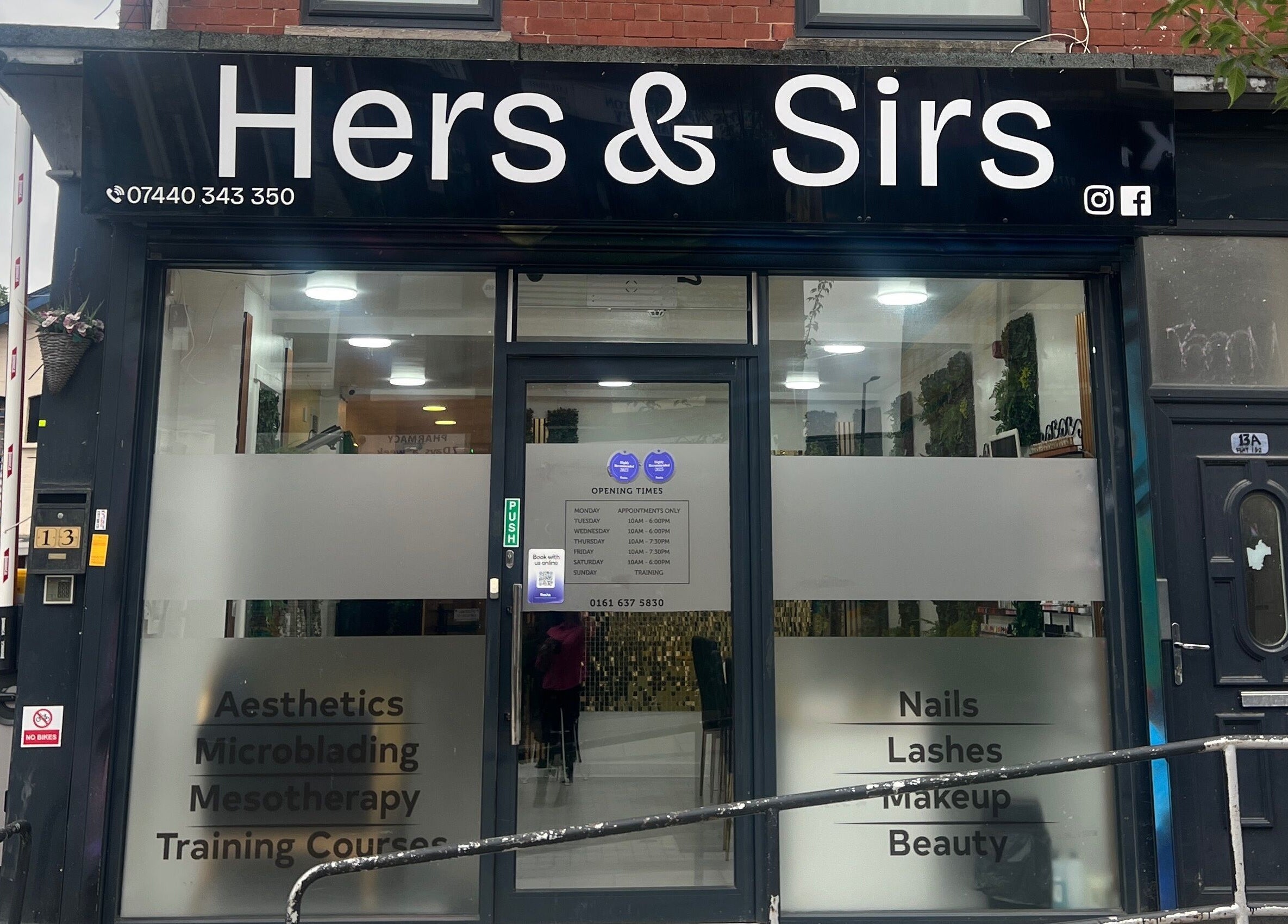 Front view of Hers & Sirs, a beauty venue in Manchester, England, GB, showcasing services like microblading.