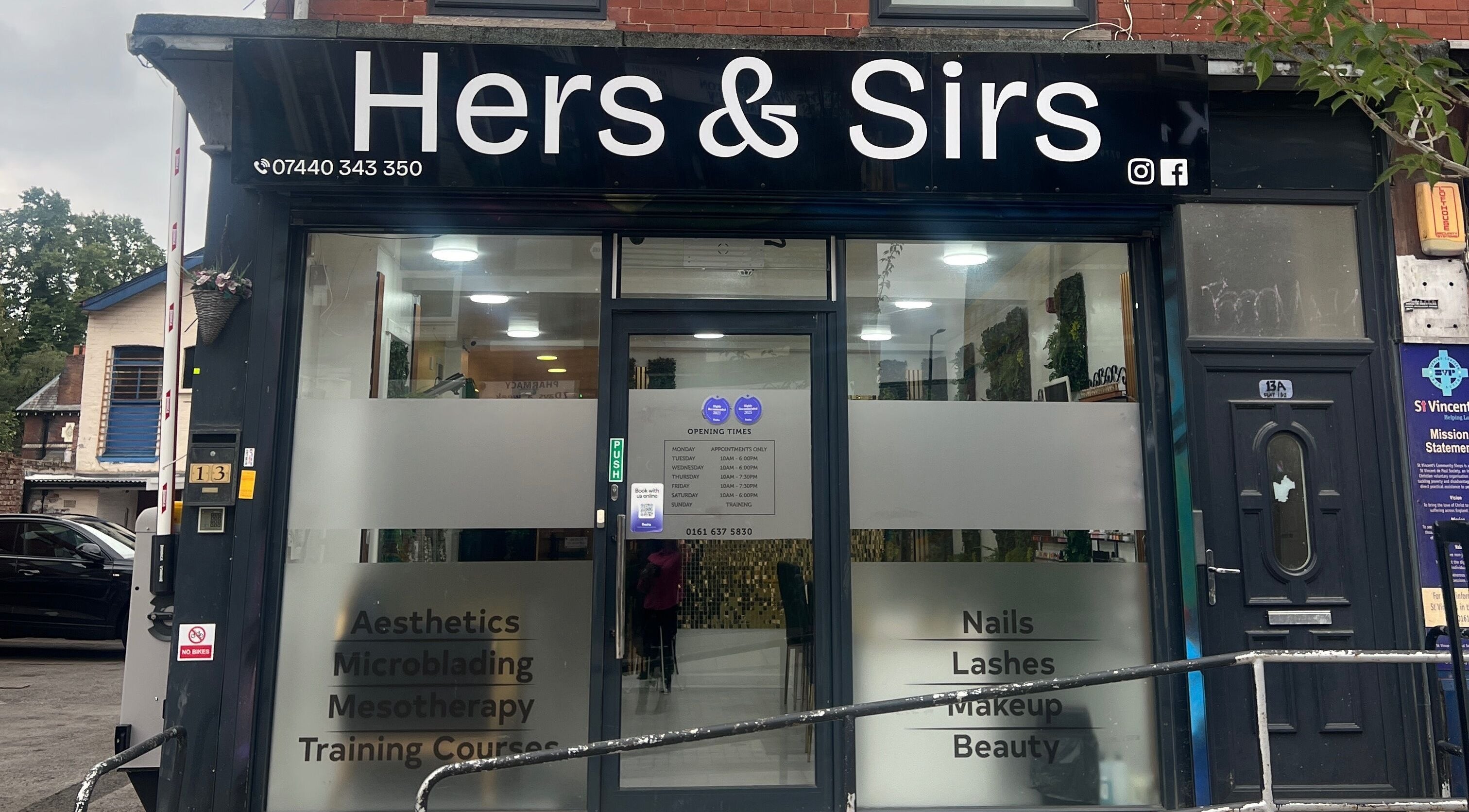 Front view of Hers & Sirs, a beauty venue in Manchester, England, GB, showcasing services like microblading.