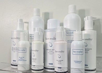 Selection of skincare products at Gemini Skin + Lash Studio, Winthrop, Maine, US. Face Reality brand displayed.