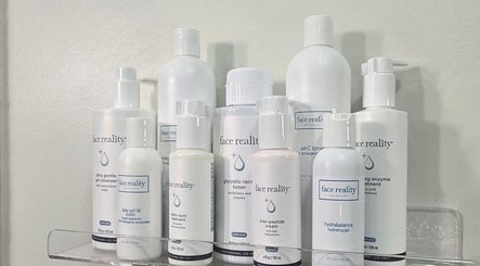 Selection of skincare products at Gemini Skin + Lash Studio, Winthrop, Maine, US. Face Reality brand displayed.