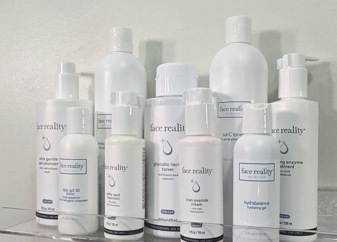 Face Reality skincare products on a shelf at Gemini Skin + Lash Studio, Winthrop, Maine, US.