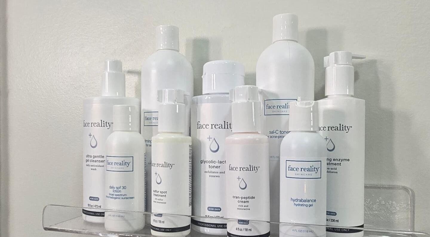 Face Reality skincare products on a shelf at Gemini Skin + Lash Studio, Winthrop, Maine, US.