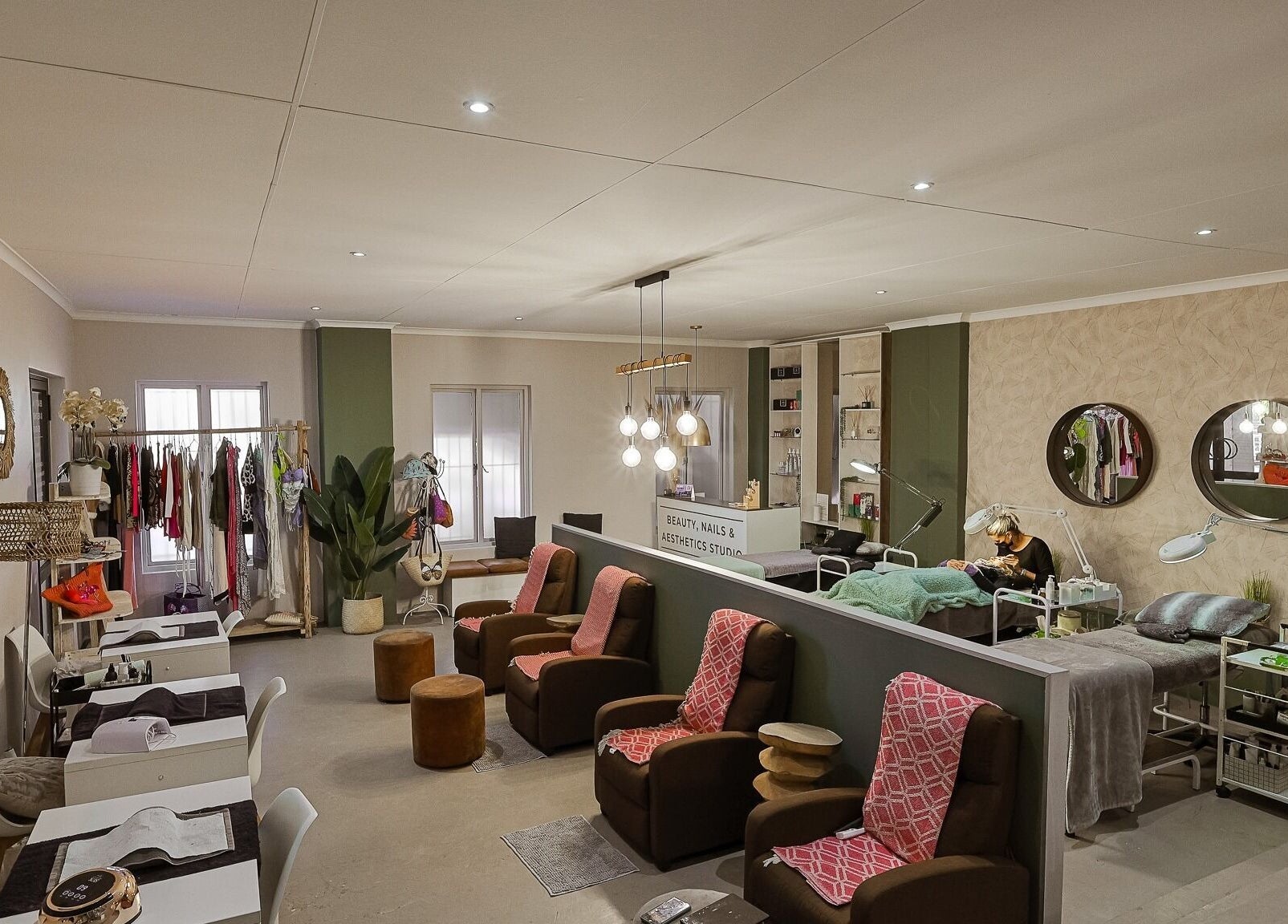 Face by Design beauty studio in Fourways, Gauteng, ZA, featuring cozy treatment and nail service areas.