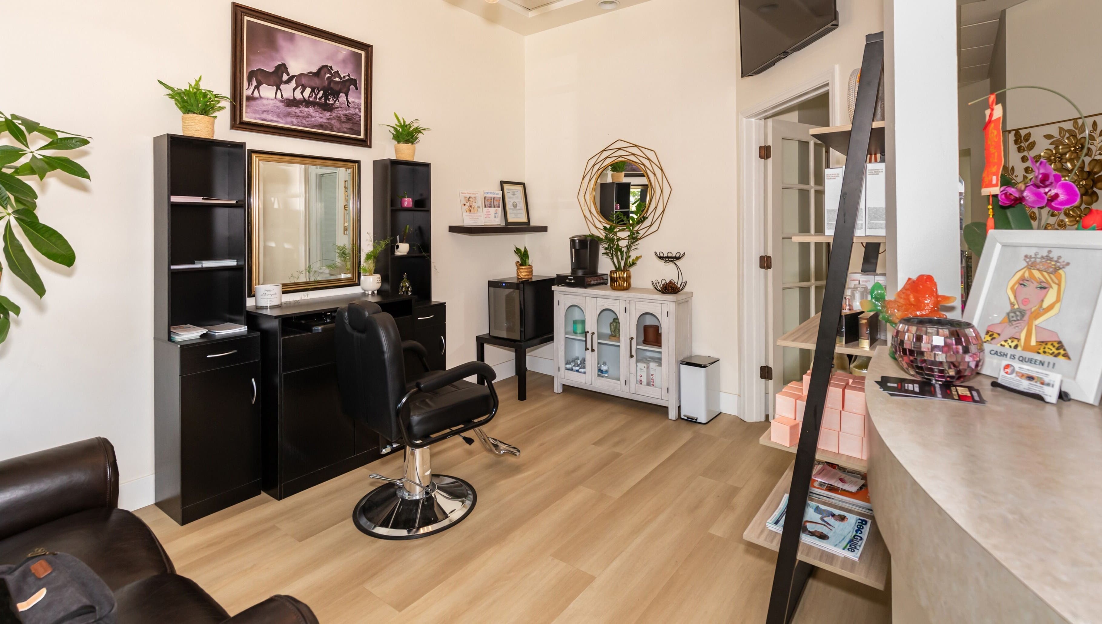 Elegant interior of Ava’s Skin Care and Lash Studio in San Jose, California, US, featuring stylish decor and seating.
