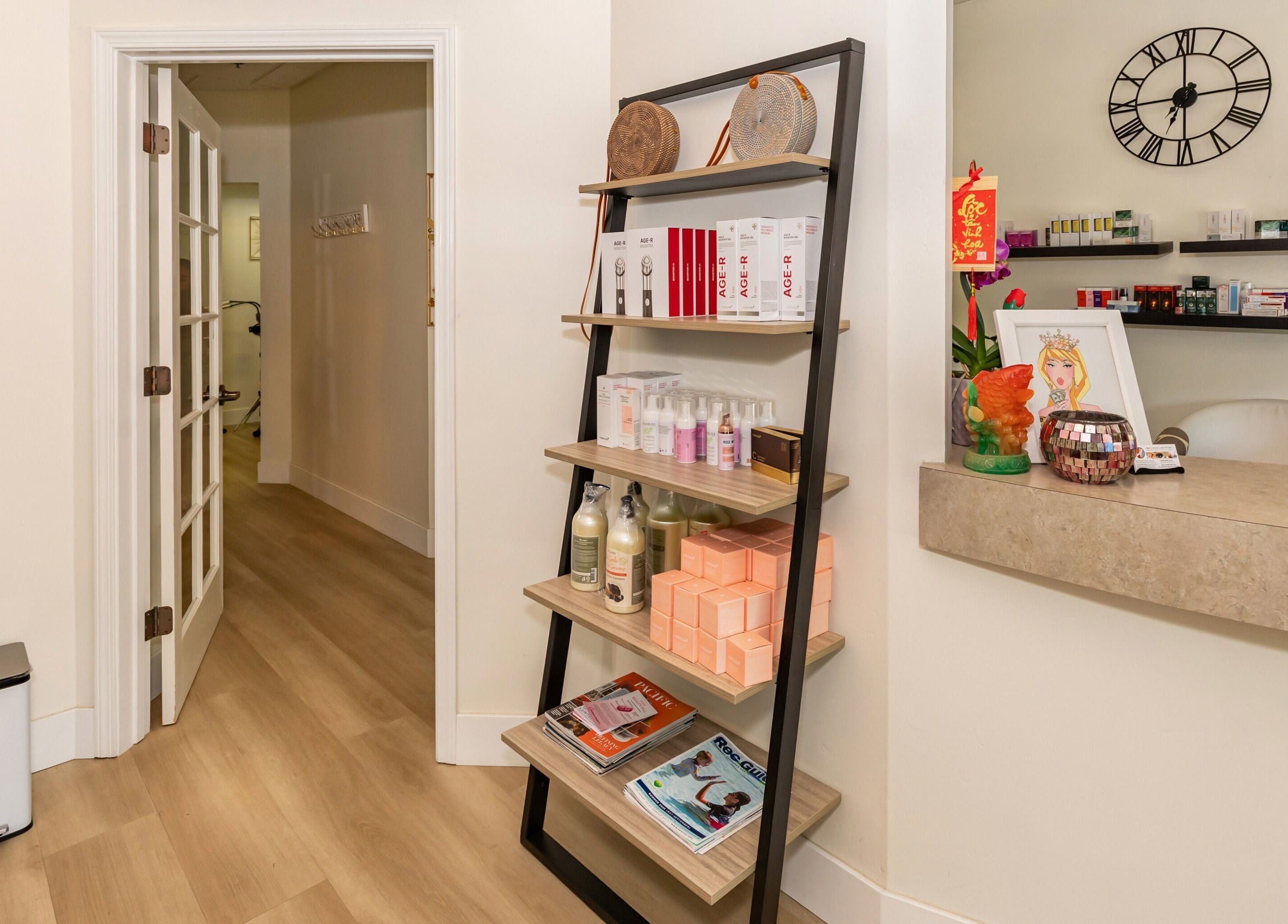 Welcoming entryway of Ava’s Skin Care and Lash Studio in San Jose, California, featuring product display shelves.