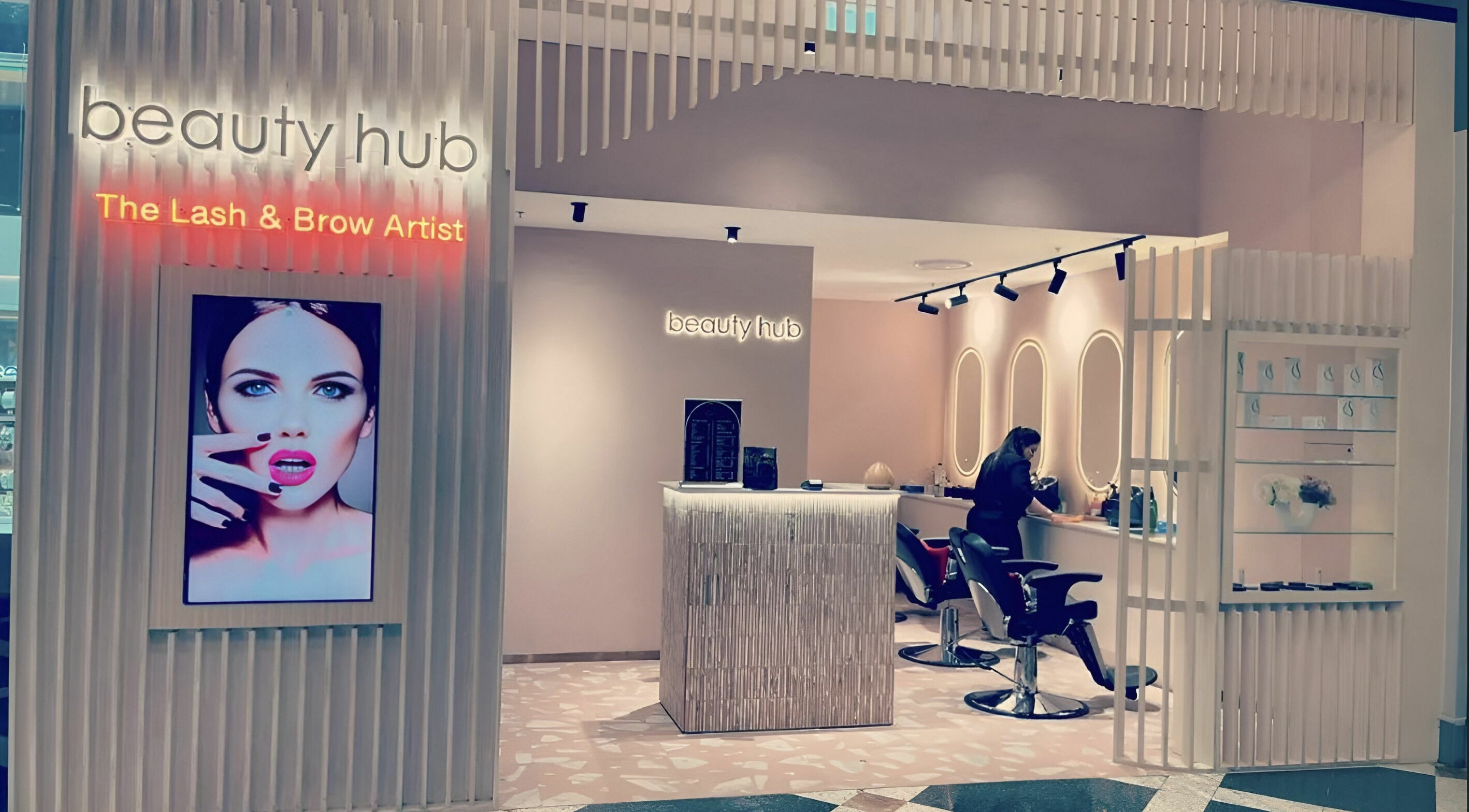 Entrance of Beauty Hub Sunshine Plaza in Maroochydore, Queensland, AU, showcasing elegant interior design.