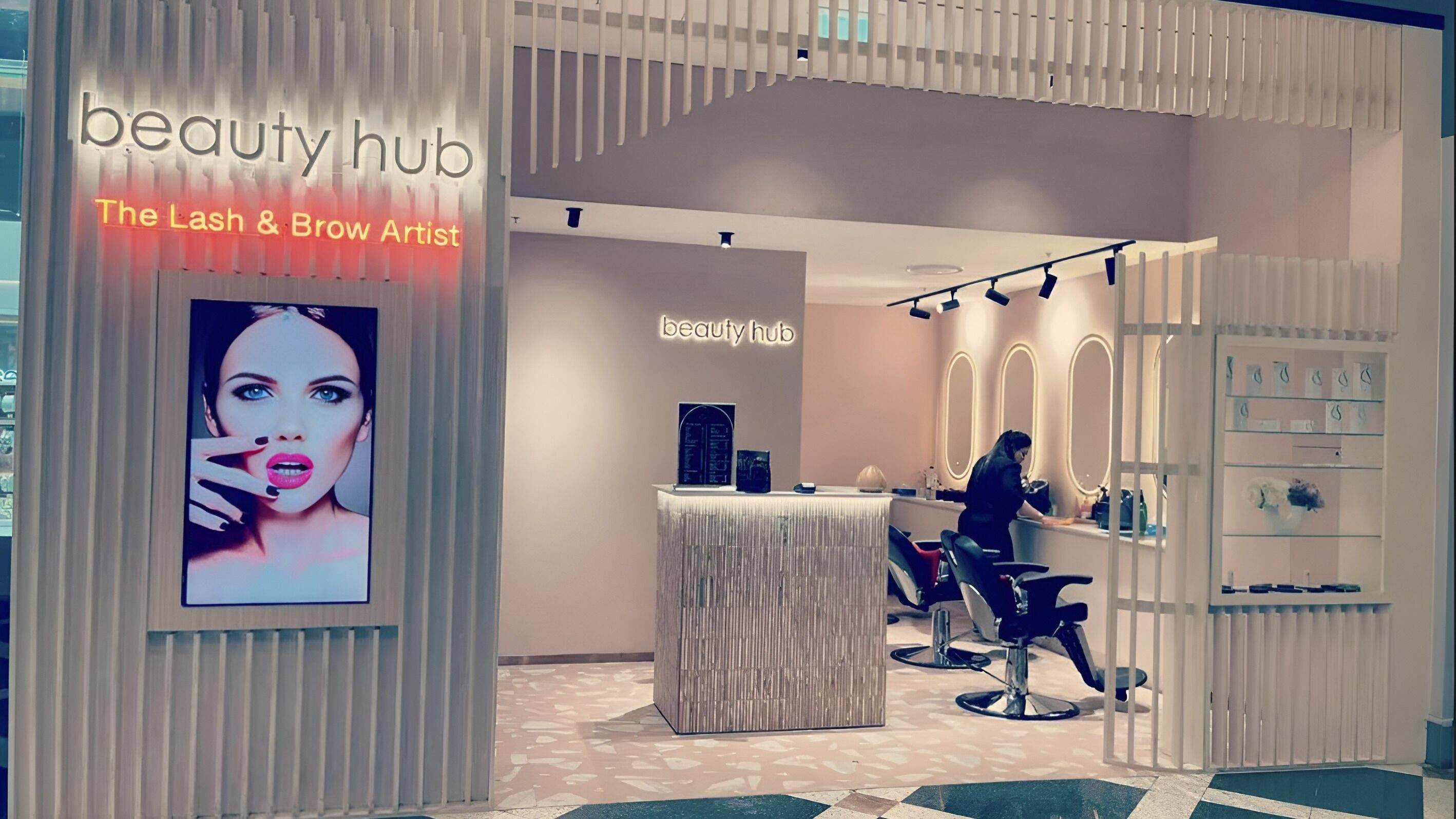 Entrance of Beauty Hub Sunshine Plaza in Maroochydore, Queensland, AU, showcasing elegant interior design.