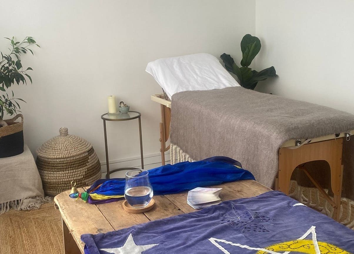 Peaceful therapy room at Dayle Adams Psychic Medium, Royal Leamington Spa, England, GB, featuring a massage table.