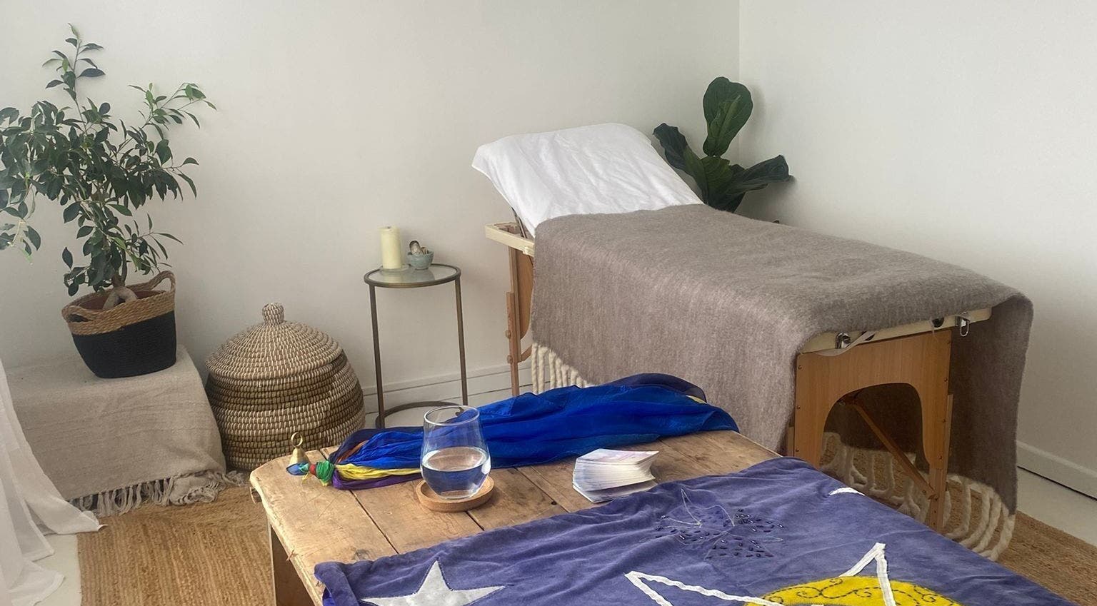 Peaceful therapy room at Dayle Adams Psychic Medium, Royal Leamington Spa, England, GB, featuring a massage table.