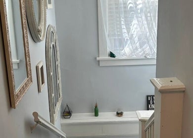 Elegant staircase with mirrors at LSL Lash Studio Red Bank, Red Bank, New Jersey, US.