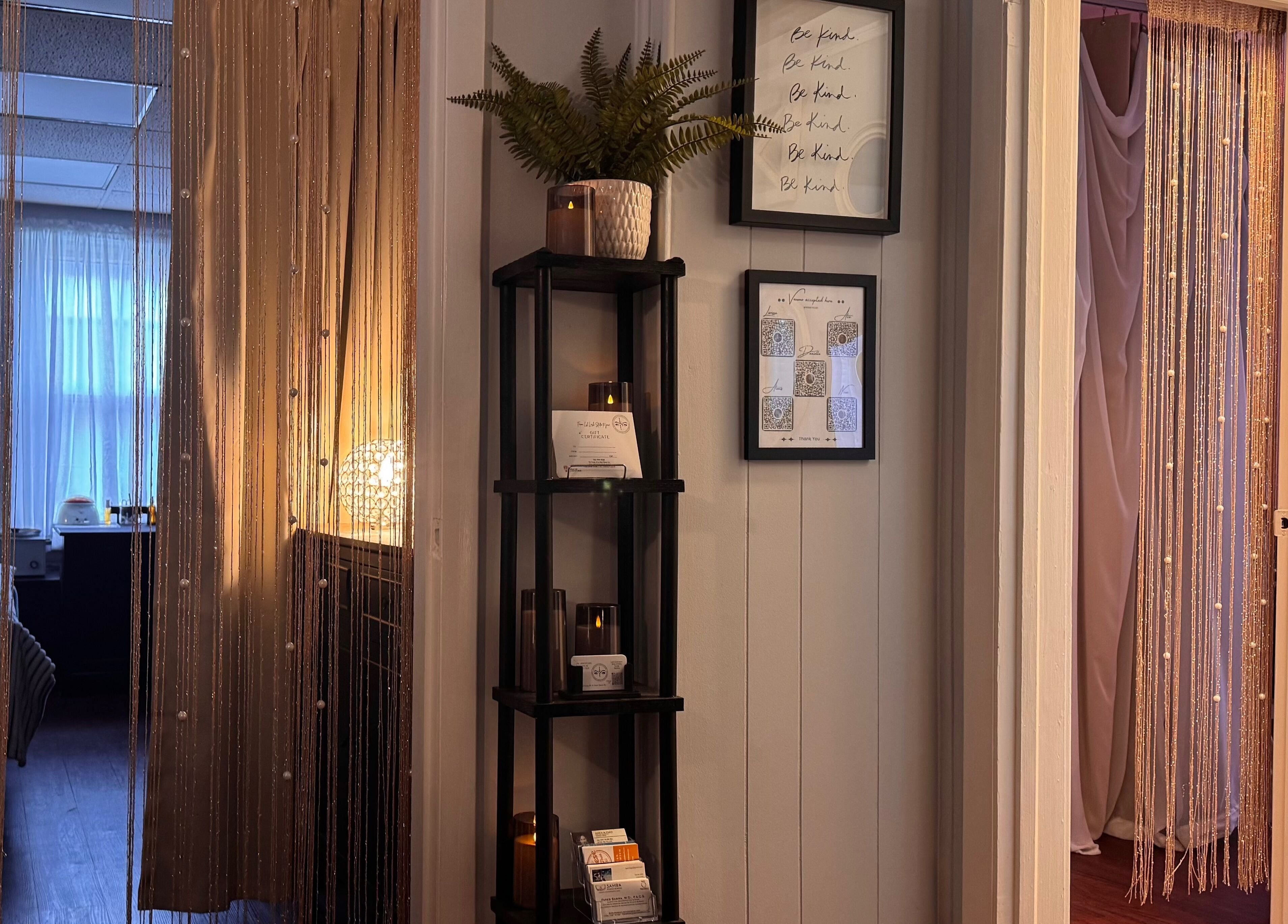 Cozy interior of LSL Lash Studio Red Bank, New Jersey, US showcasing elegant decor and soft ambient lighting.