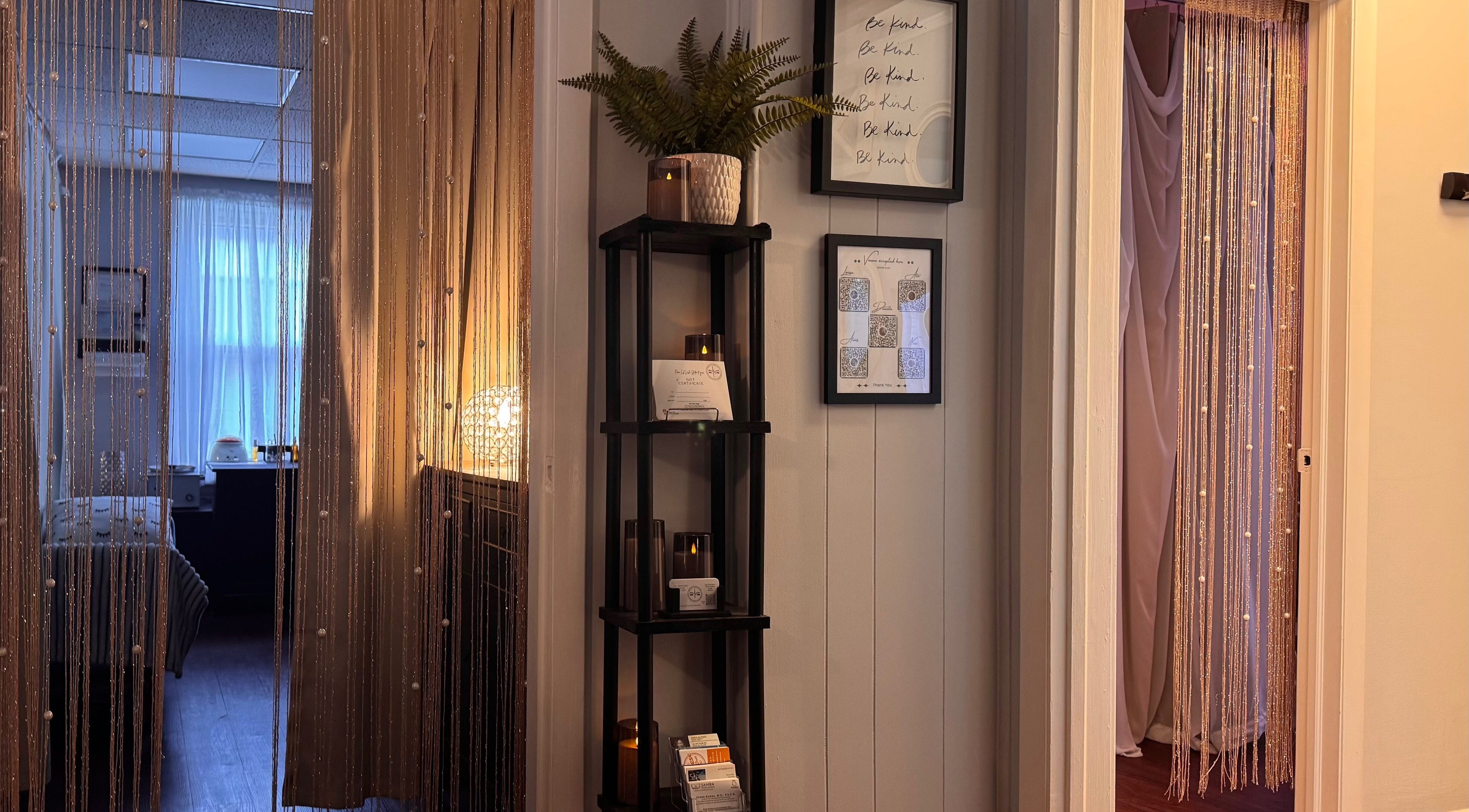 Cozy interior of LSL Lash Studio Red Bank, New Jersey, US showcasing elegant decor and soft ambient lighting.