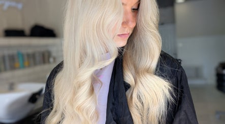 Close-up of styled blonde hair at Hair by Karina Brown, Leeds, England, GB.