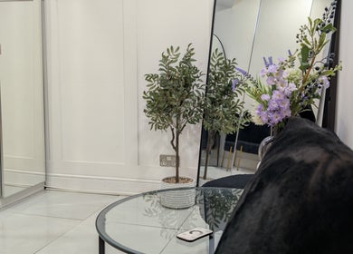 Elegant waiting area with mirror, plants, and a glass table at Hair by Karina Brown, Leeds, England, GB.