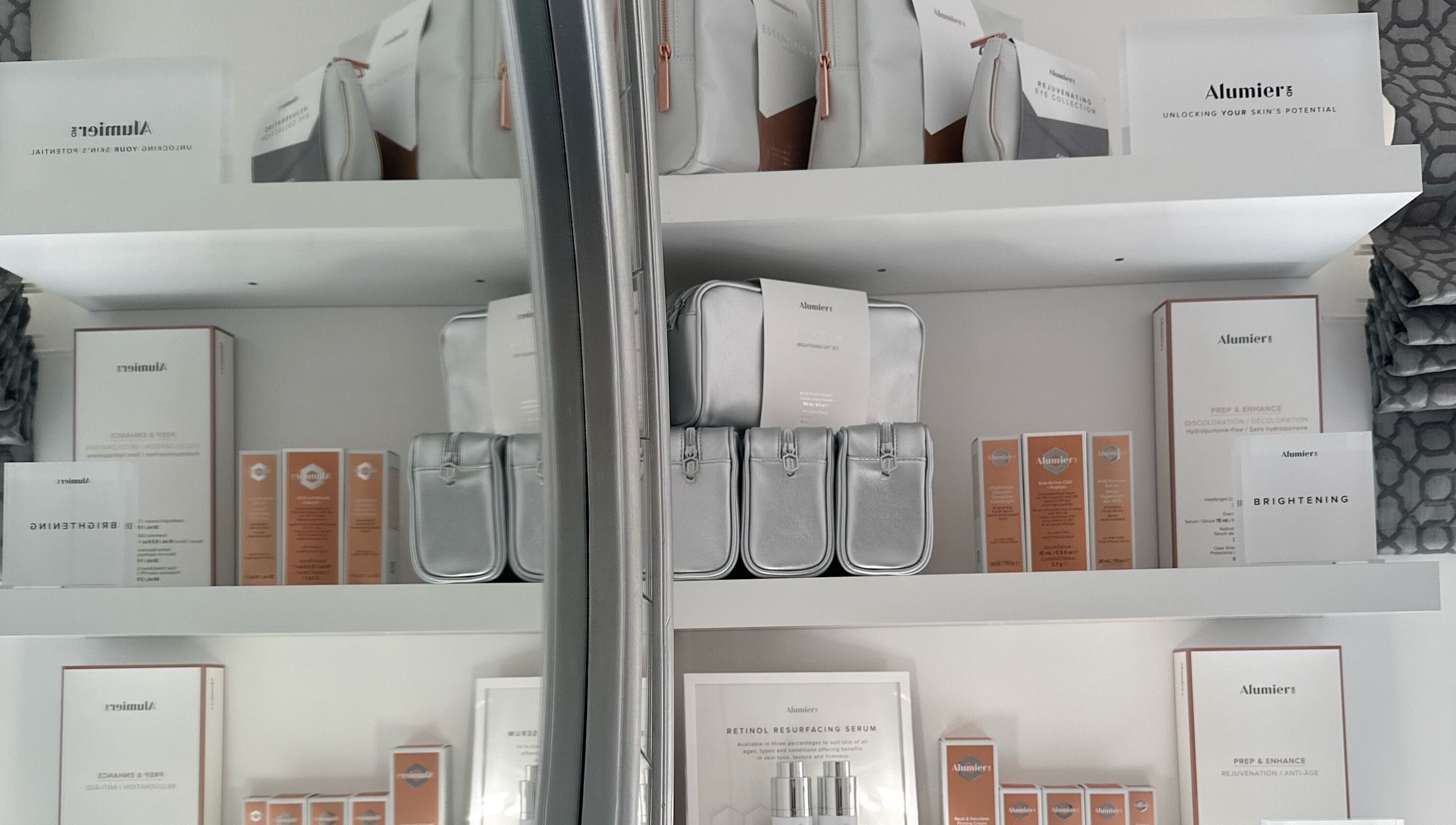 AlumierMD products on shelves at Rebecca Beards Clinic in Bridgend, Wales, CF31 2ES, GB.