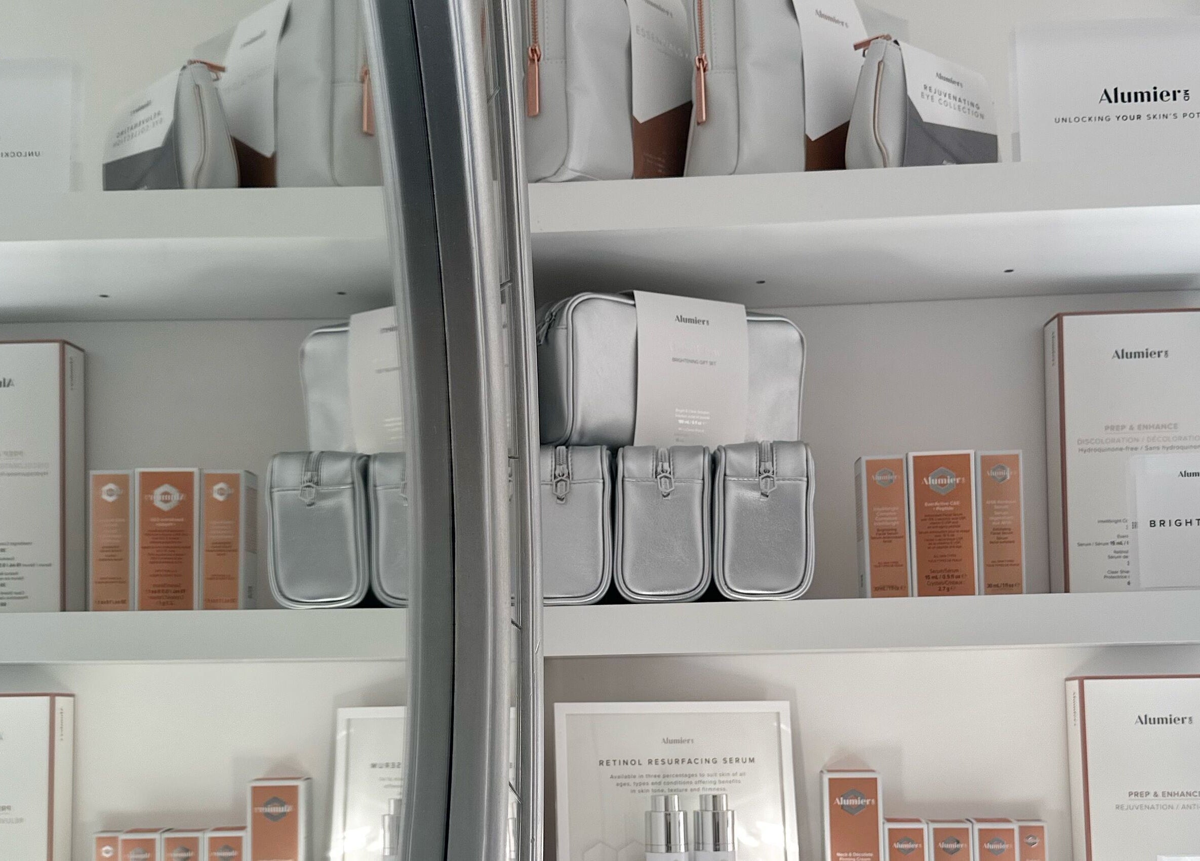 AlumierMD products on shelves at Rebecca Beards Clinic in Bridgend, Wales, CF31 2ES, GB.