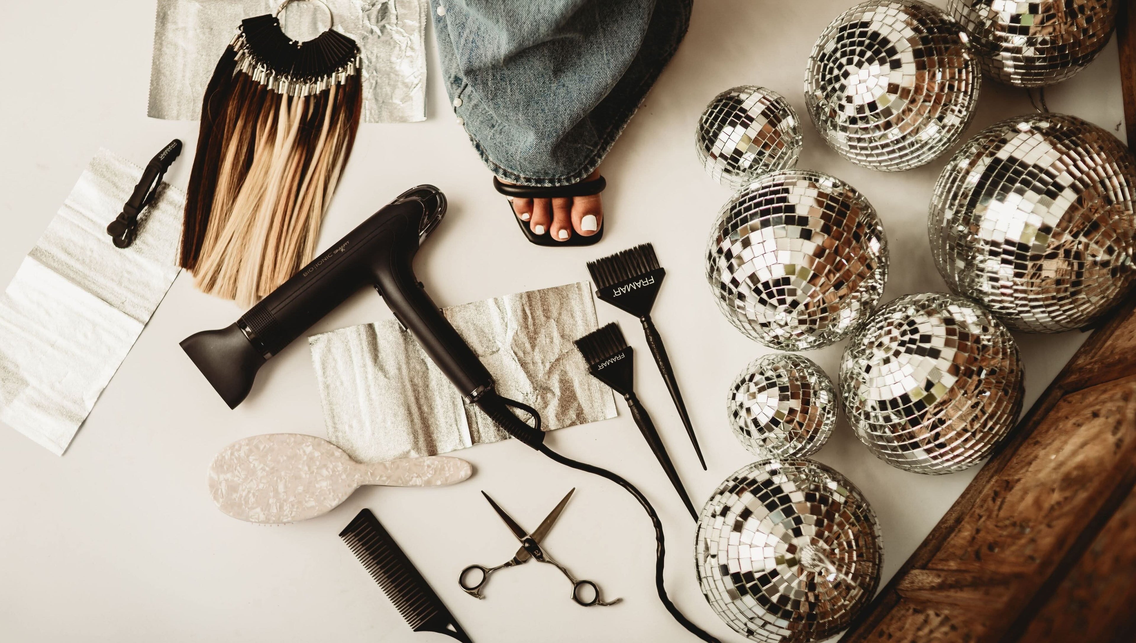 Hair styling tools and disco balls at Belle Beauty Bar, Shawneetown, Illinois, US.