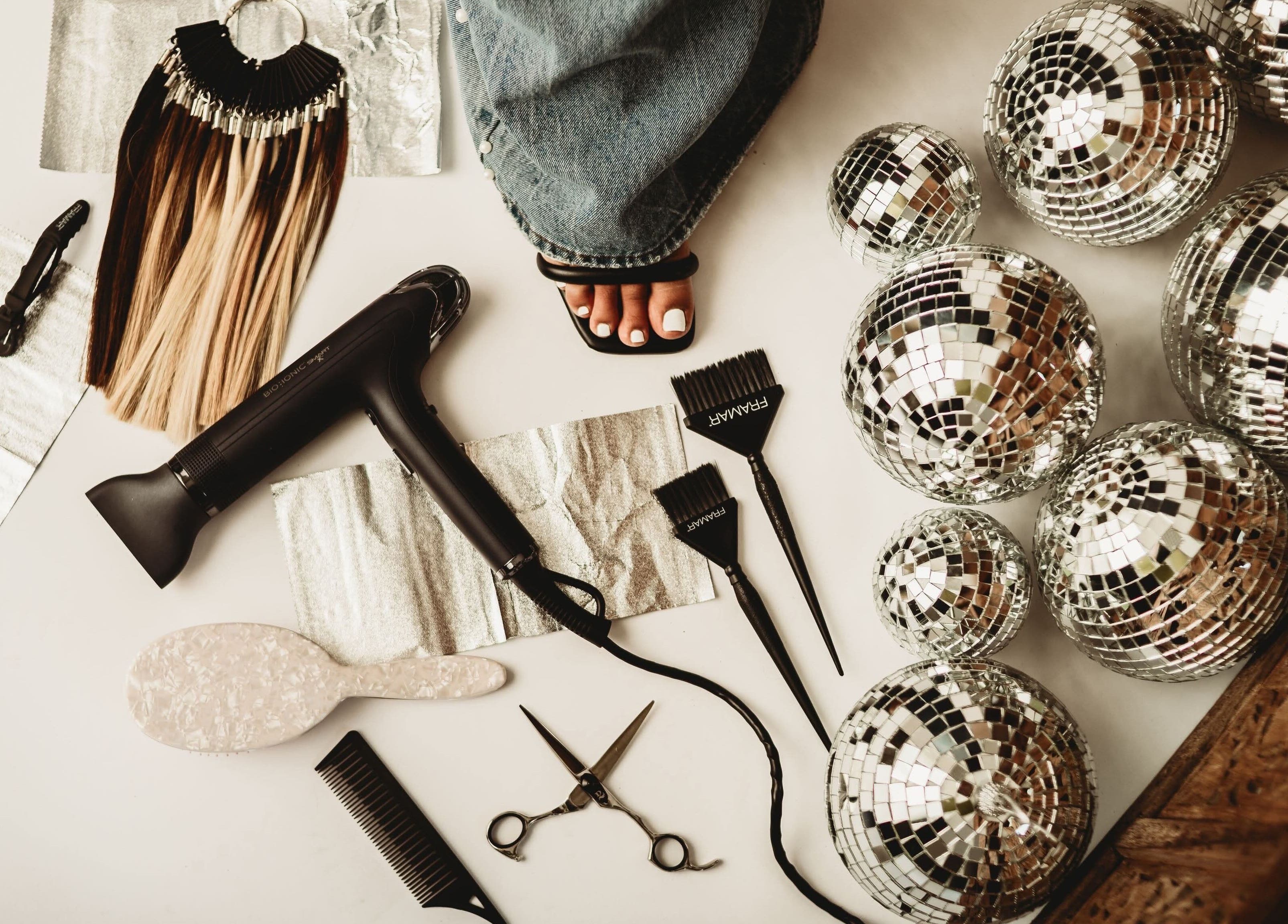 Hair styling tools and disco balls at Belle Beauty Bar, Shawneetown, Illinois, US.