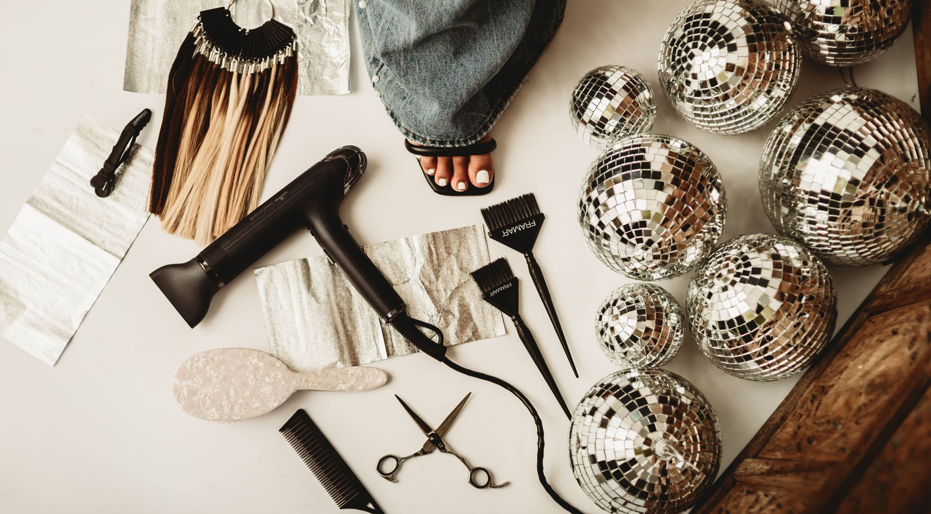 Hair styling tools and disco balls at Belle Beauty Bar, Shawneetown, Illinois, US.