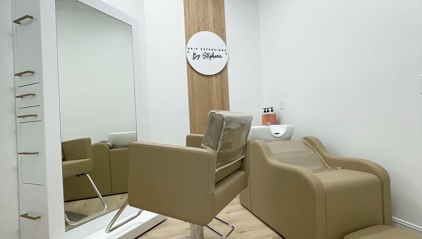 Modern salon chair and mirror at Hair Extensions by Stephanie, Bonita Springs, Florida, US.
