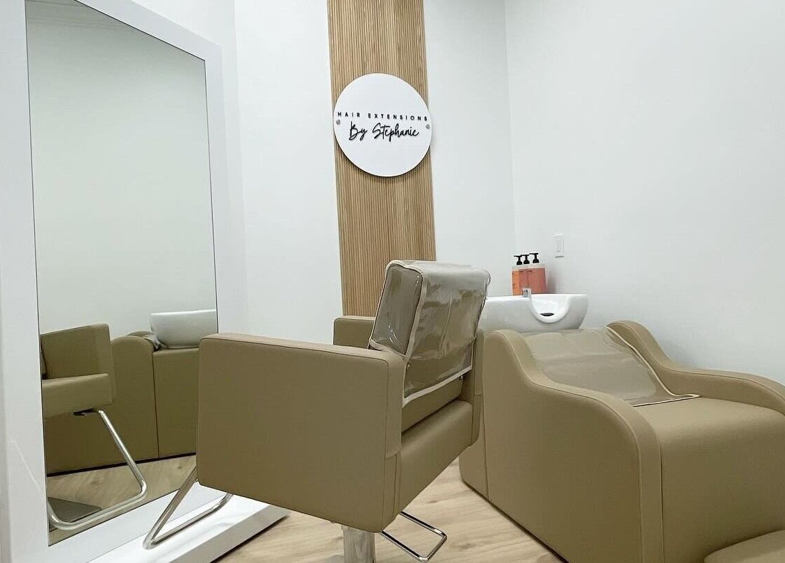 Modern salon chair and mirror at Hair Extensions by Stephanie, Bonita Springs, Florida, US.