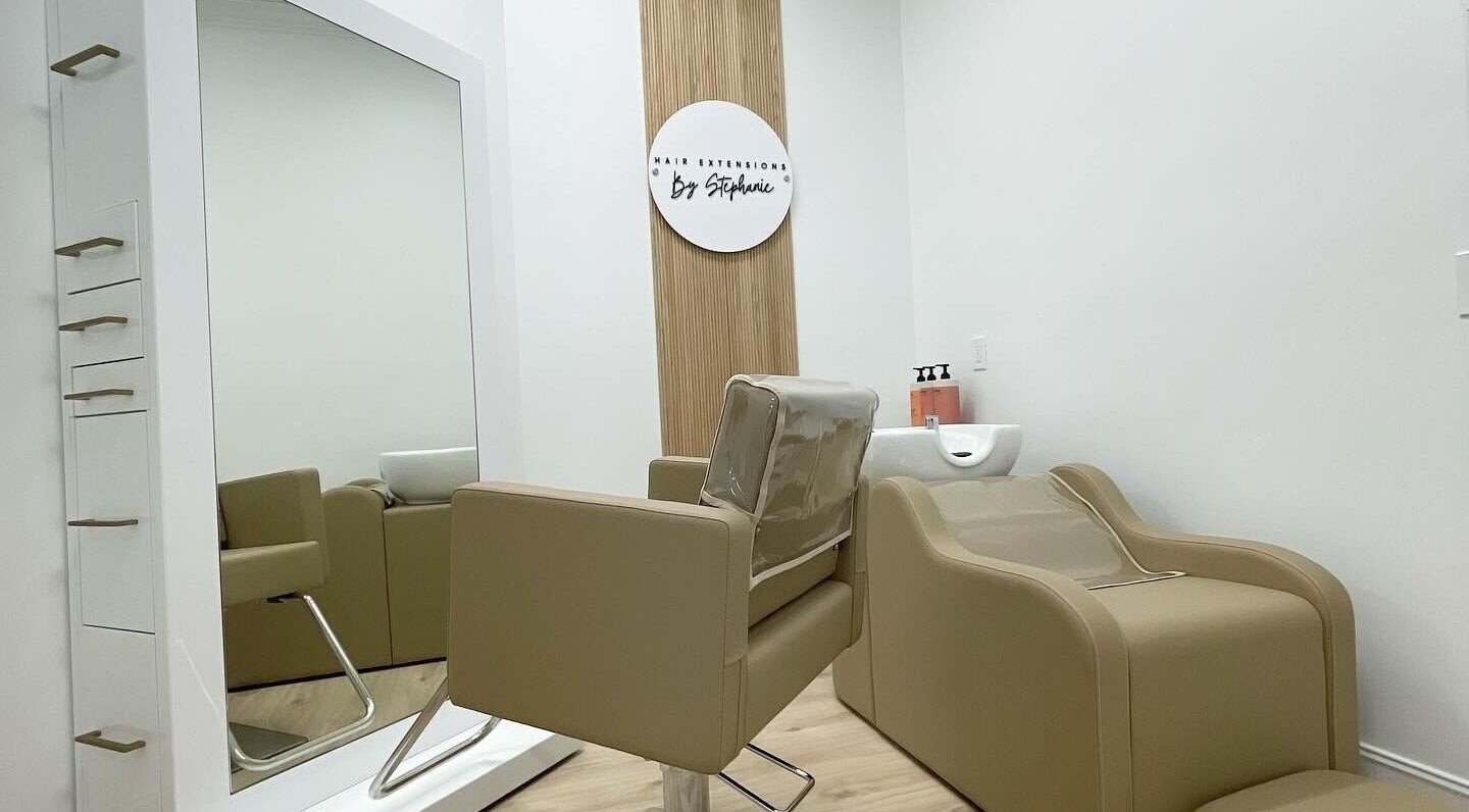 Modern salon chair and mirror at Hair Extensions by Stephanie, Bonita Springs, Florida, US.