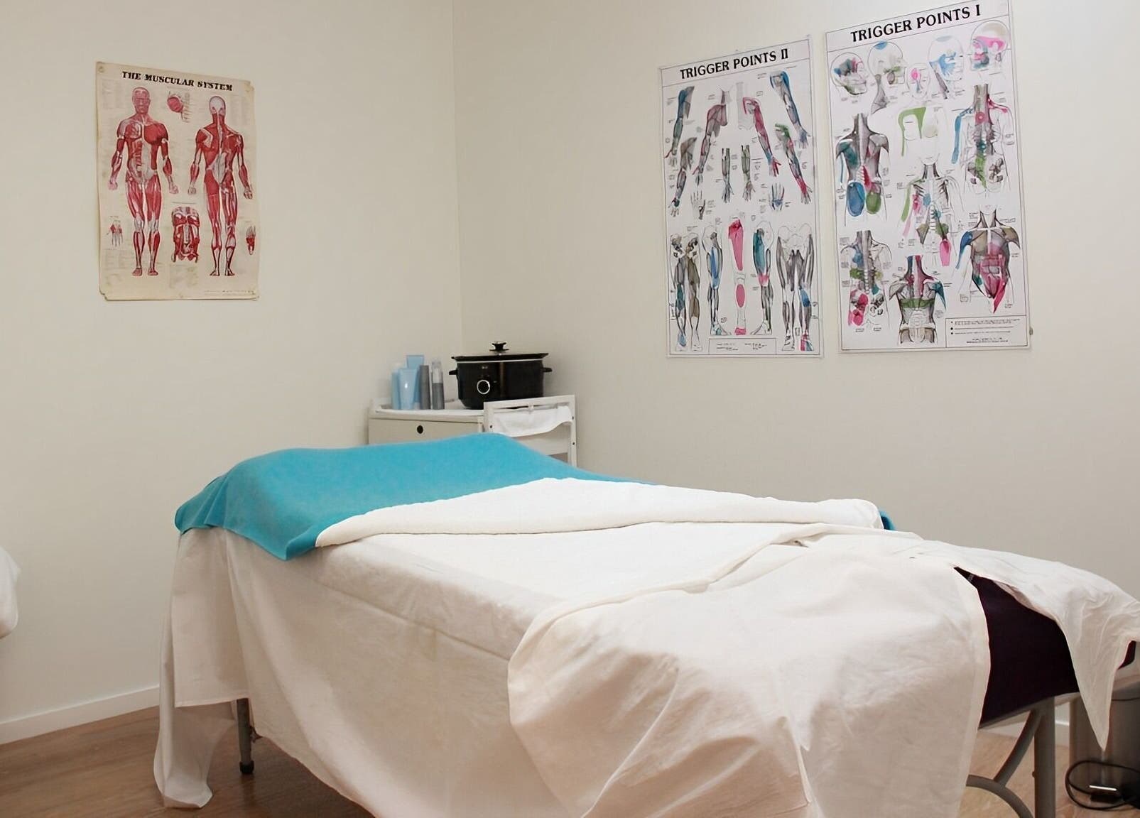 Massage room at The Massage Clinic, Taupo, Waikato, NZ, showcasing a tranquil setting with anatomical charts.