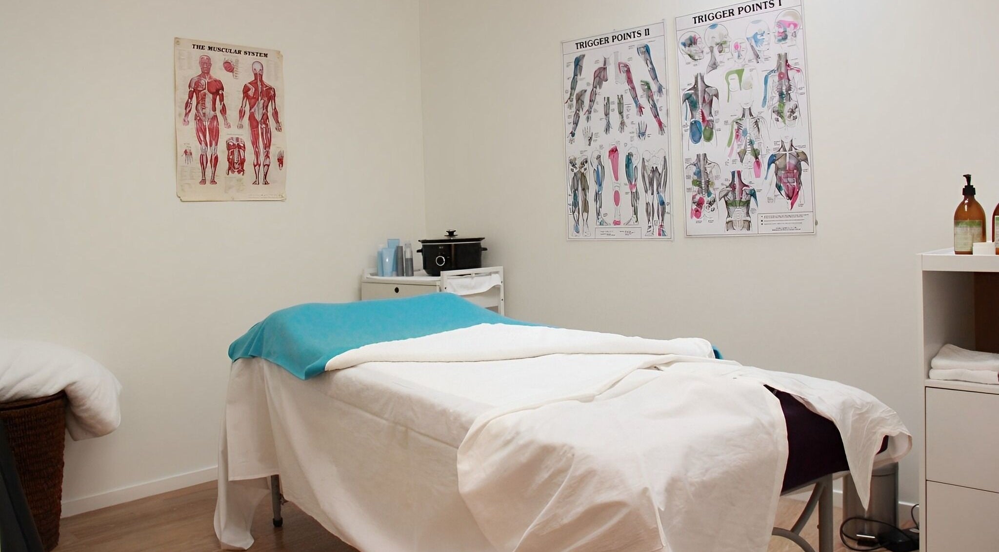 Massage room at The Massage Clinic, Taupo, Waikato, NZ, showcasing a tranquil setting with anatomical charts.
