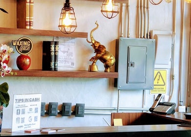 Reception area of Waxing4Men in Puerto Vallarta, Jalisco, MX, featuring decor with books and a golden elephant.