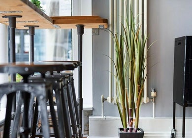 Modern and chic interior at The Ultimate Touch, Wymondham, England, GB, featuring stylish bar stools and greenery.