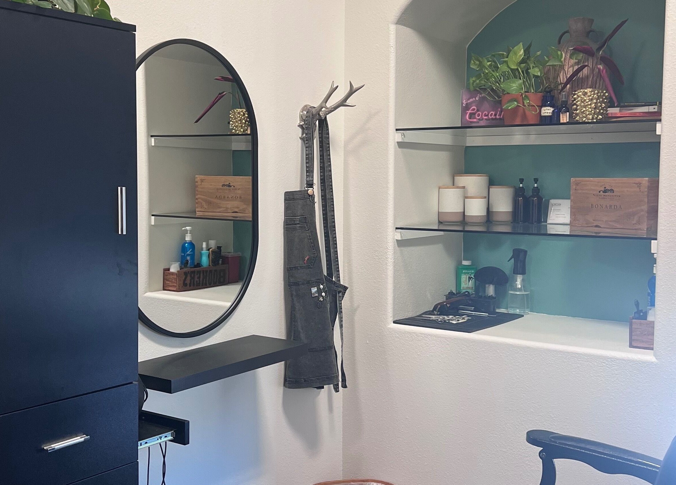 Modern styling area at LFG Styling by Lauren in Los Angeles, California, US with sleek decor and essentials.