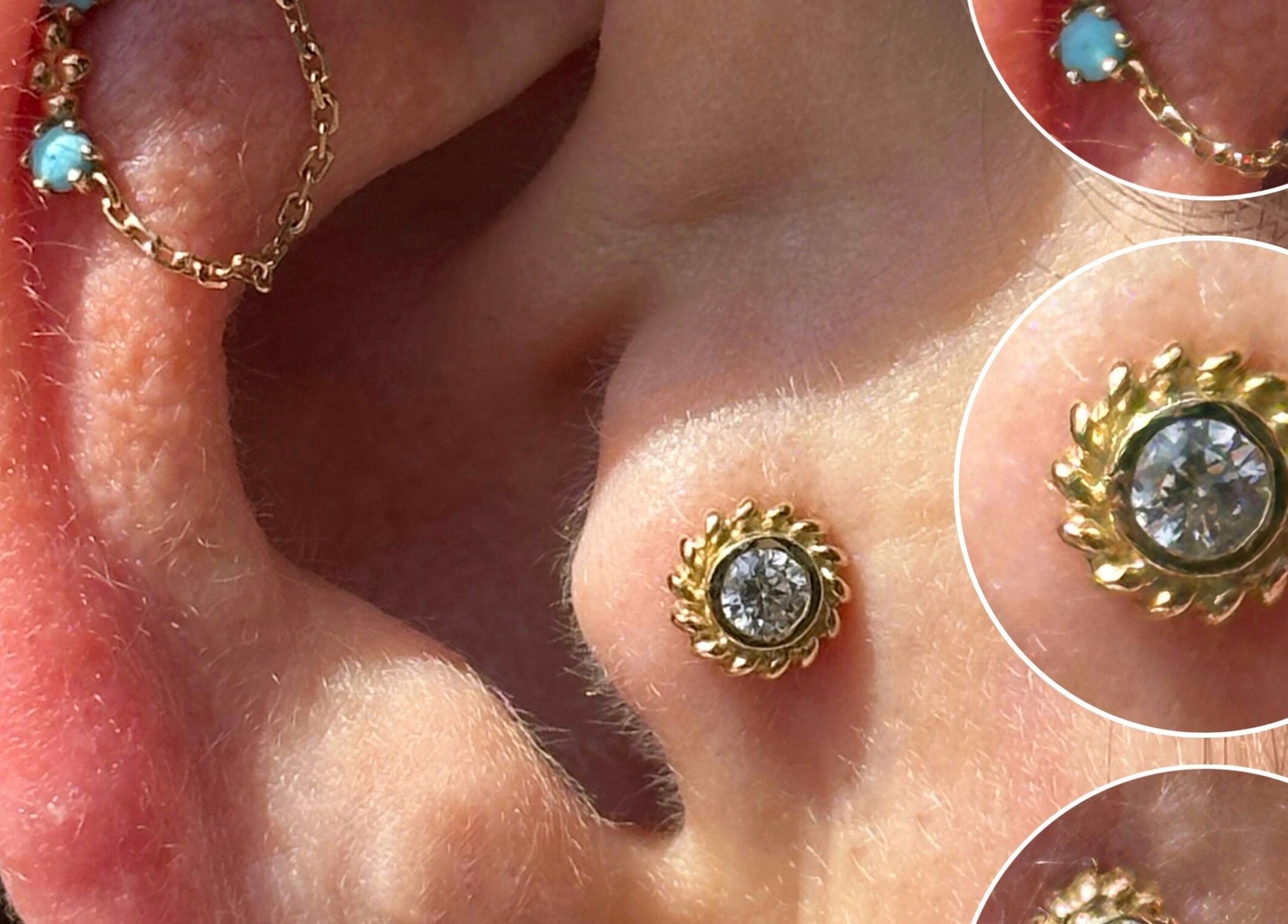 Close-up of elegant gold ear piercings at The Piercing Co, Bridgend, Wales, GB, featuring intricate designs.