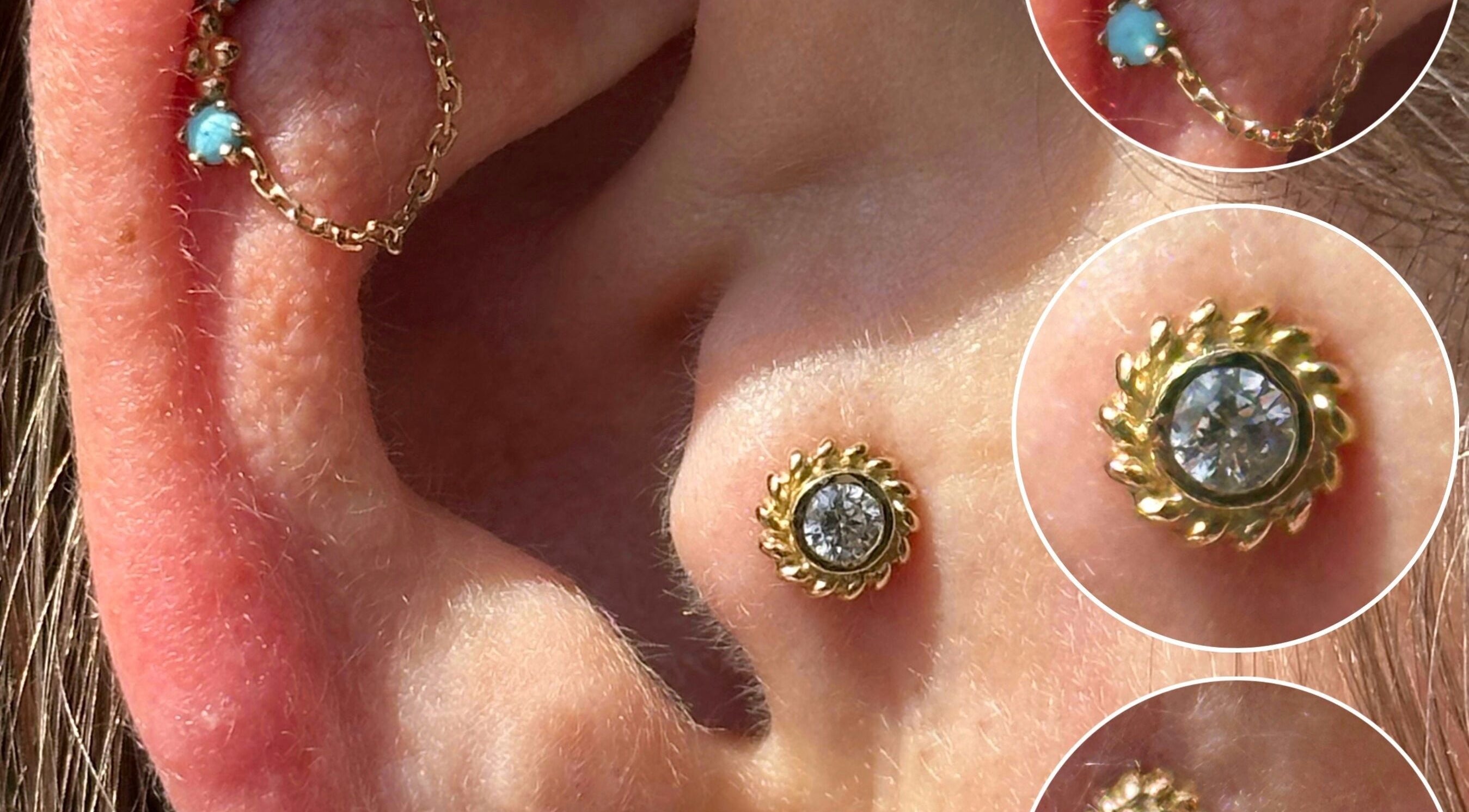 Close-up of elegant gold ear piercings at The Piercing Co, Bridgend, Wales, GB, featuring intricate designs.
